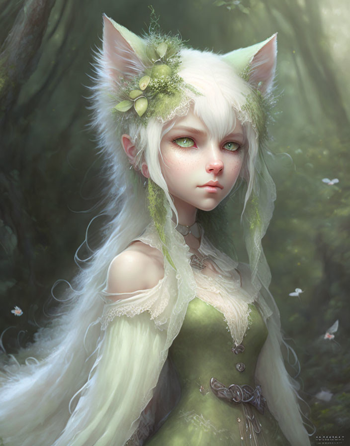 Fantasy illustration of woman with white fox ears and green eyes in nature-themed headdress in mystical forest