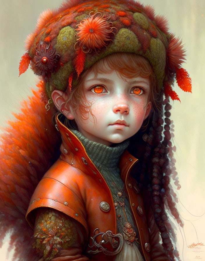 Child with orange eyes in autumn attire digital painting