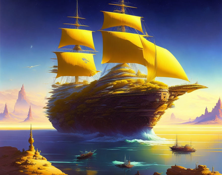 Fantastical ship with yellow sails and forest deck on tranquil sea at sunset