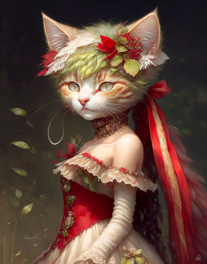 Anthropomorphic cat in red dress with lacy details and headpiece against soft background.