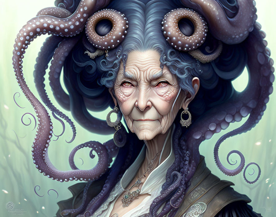 Elderly woman with octopus-like hair, intricate earrings, and high-collared dress.