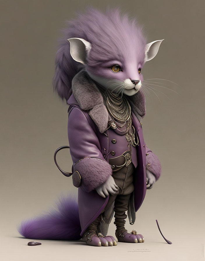 Purple Furry Creature in Stylish Outfit and Jewelry Standing Upright