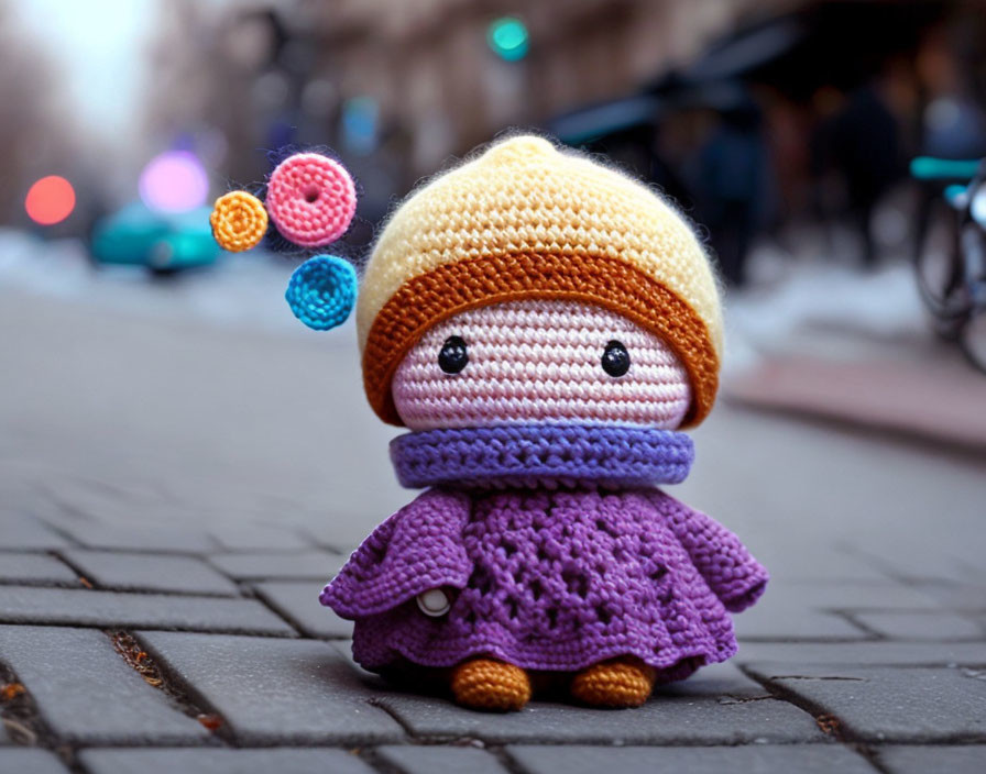 Colorful Crochet Doll with Yellow Hat and Purple Dress on Cobblestone Street