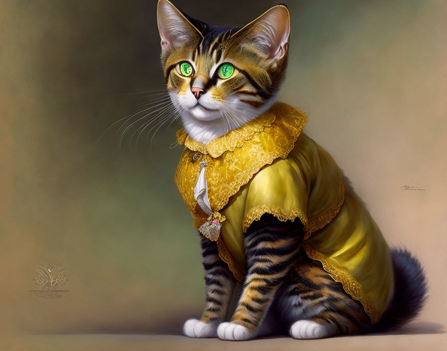 Elegant digital artwork of a cat in yellow and gold renaissance attire