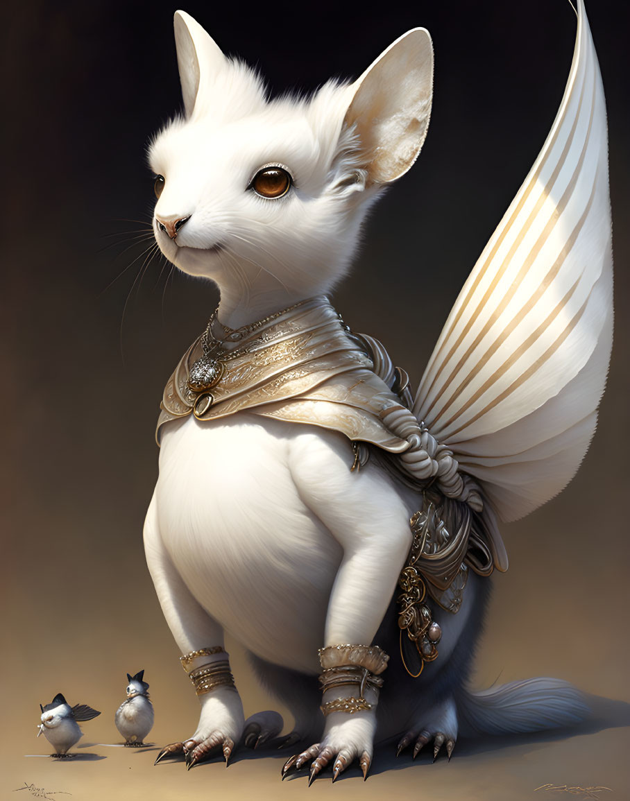 Fantasy illustration: White squirrel with large ears, bushy tail, adorned with elegant jewelry, accompanied