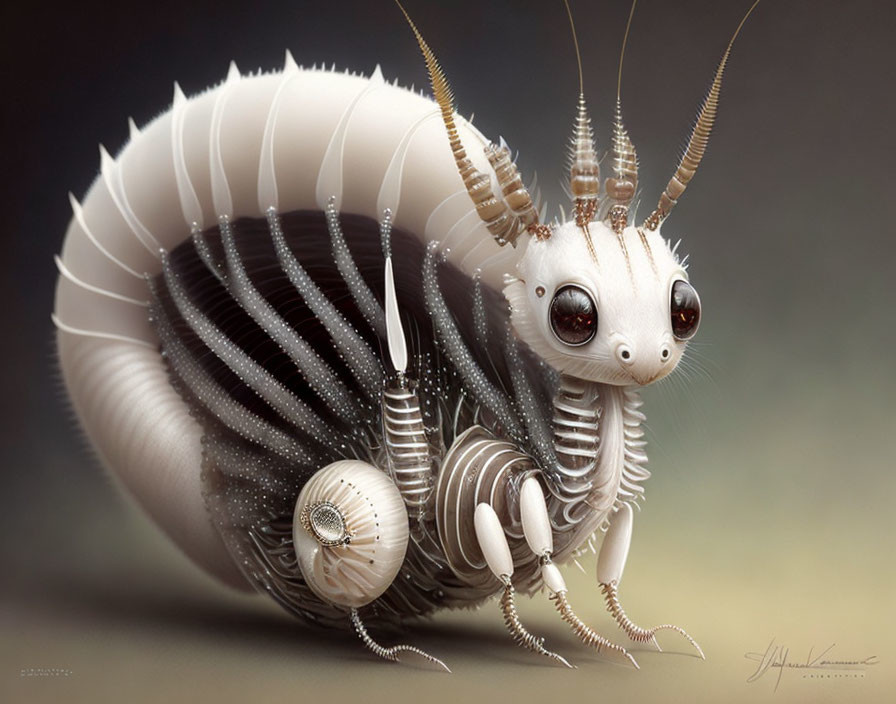 Fantastical creature illustration: Albino isopod with segmented body, large eyes, antennae