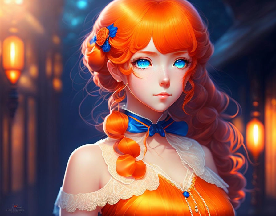 Vibrant girl illustration with orange hair, blue eyes, and floral accessory on night backdrop.