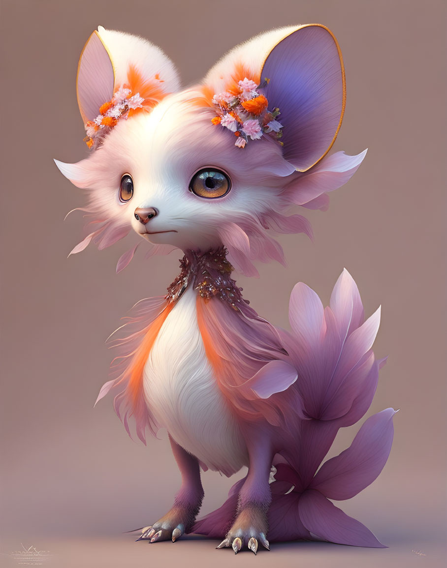 Illustration of a whimsical fox-like creature with floral ears and bushy tail