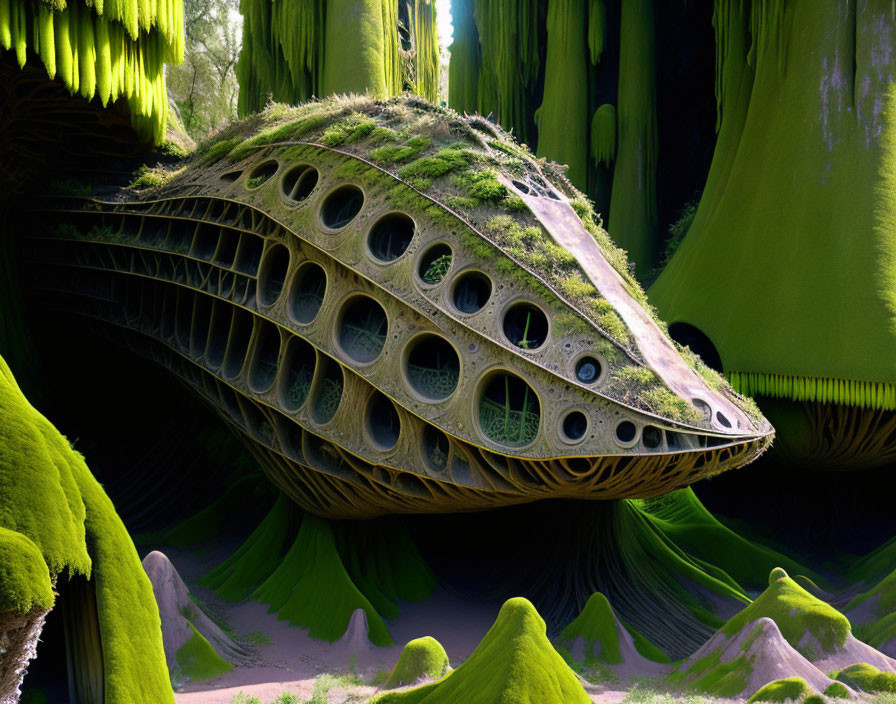 Organic futuristic structure with green vegetation and holes on smooth terrain.