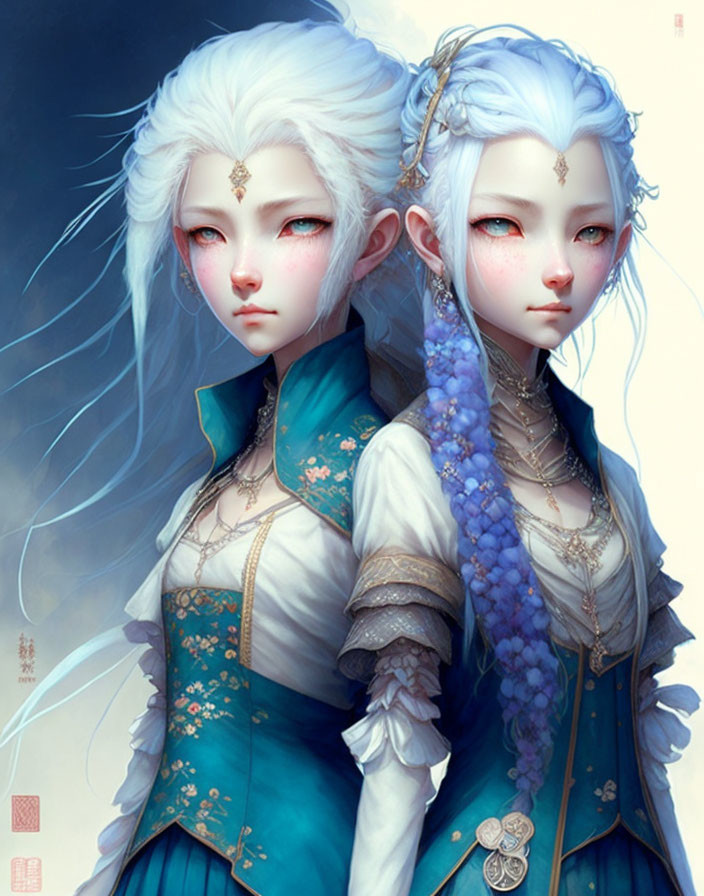 Identical Female Fantasy Characters in Elaborate Blue and Gold Dresses