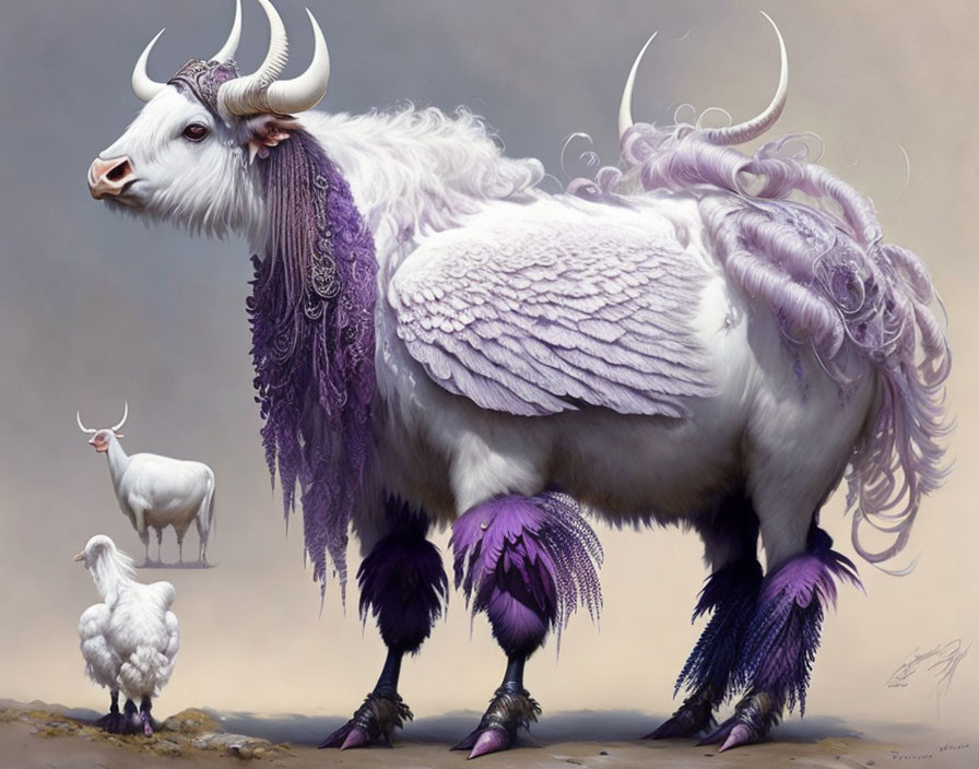 Three fluffy, white yak-like mythical creatures with purple details and multiple horns.