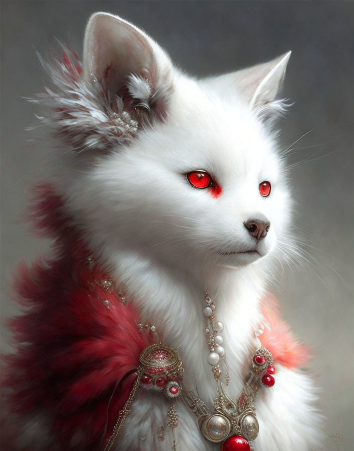 Fluffy white feline with red eyes and jewelry.