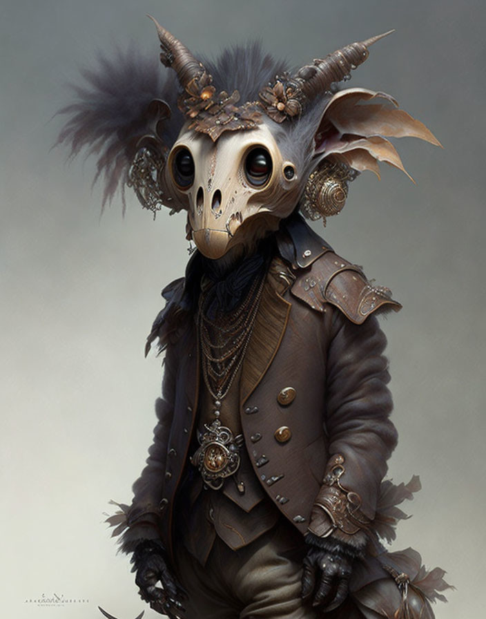 Fantastical creature with masked face, horns, feathers, Victorian attire