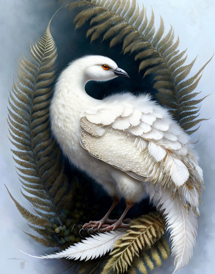 Detailed white phoenix illustration with golden trimmings in a feather nest on grey backdrop