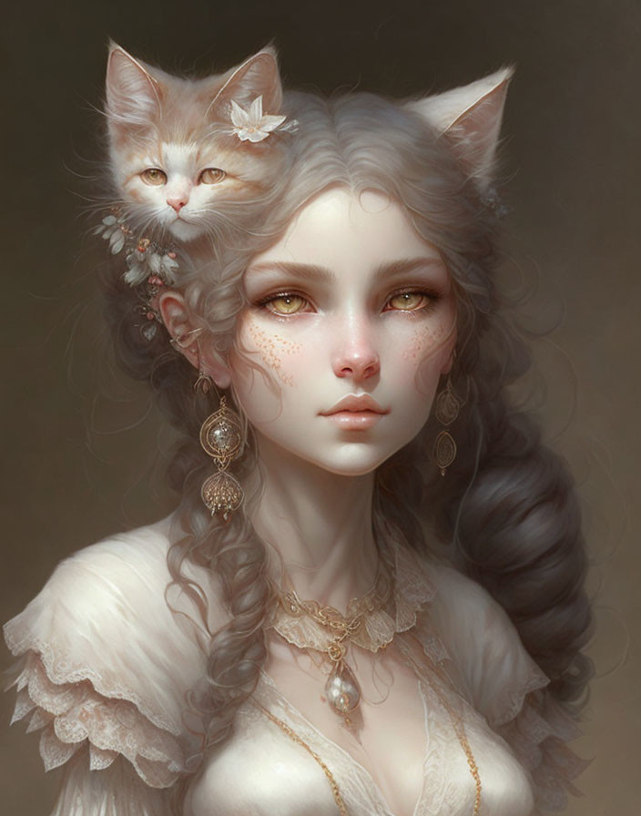 Portrait of woman with cat ears and kitten on shoulder