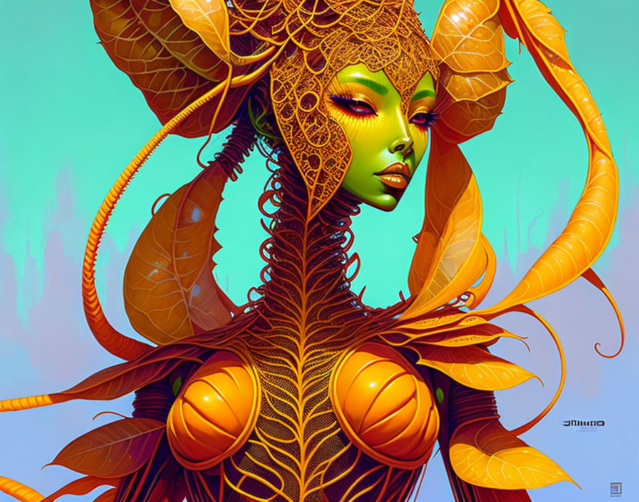 Fantastical digital artwork: Green-skinned female figure with intricate orange headgear and nature-inspired body