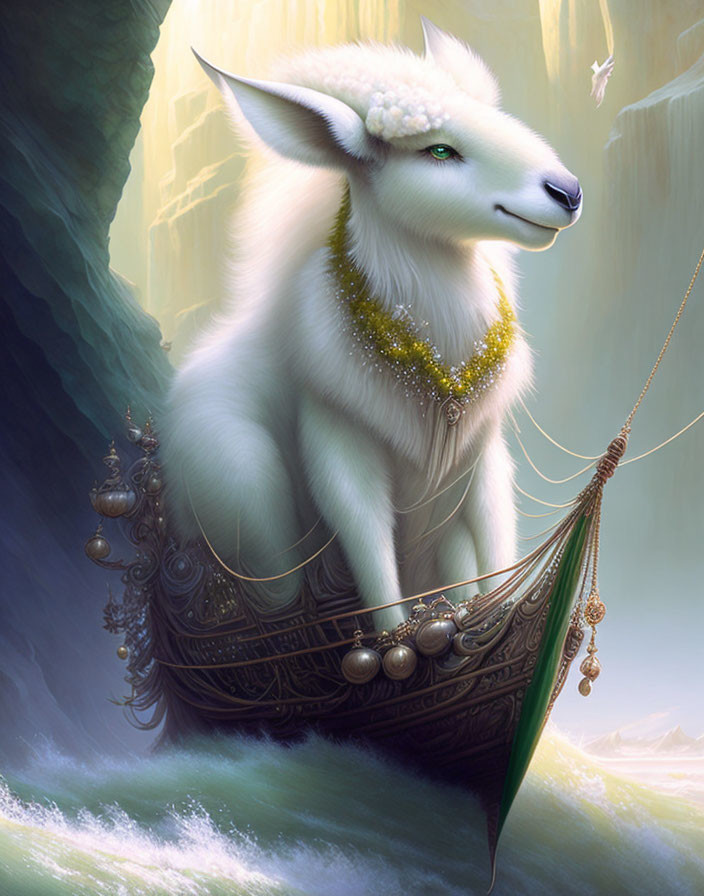 Mythical white creature reclining in ornate boat on tranquil waters