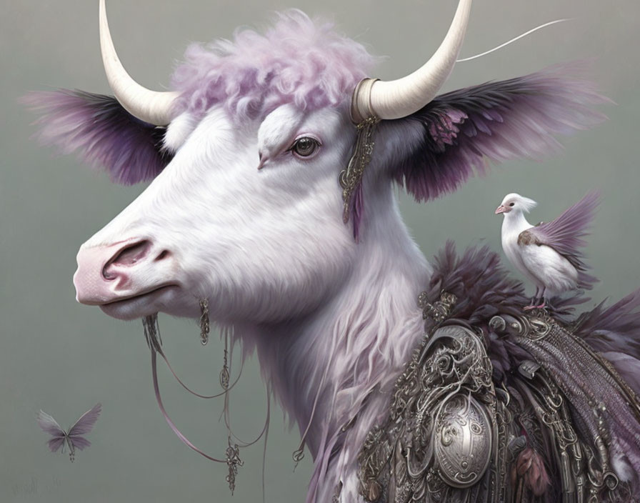 White Yak with Purple Fur and Ornate Jewelry, Alongside Small Bird