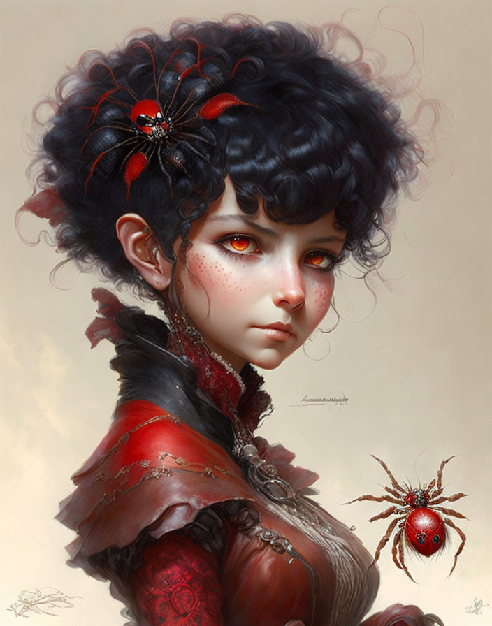 Digital portrait: Female character with curly black hair, red flower, red eyes, freckles,