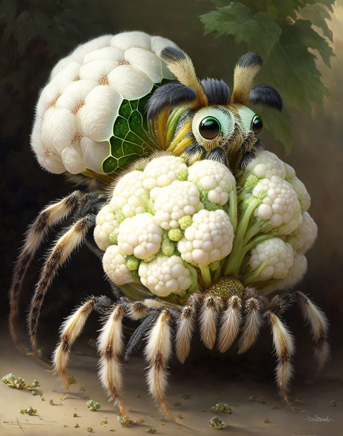 Whimsical illustration: Spider with cauliflower and bok choy