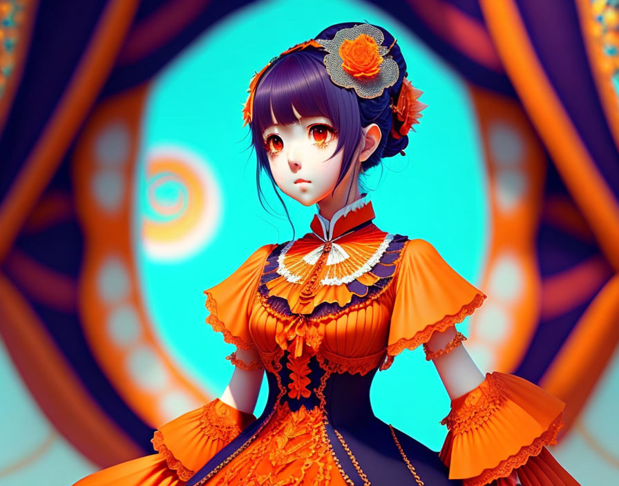 Digital artwork: Girl with large eyes in ornate orange dress against blue background