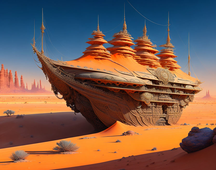 Ornate spired ship above desert landscape with towering sand dunes