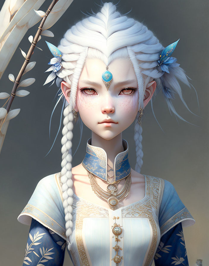 Fantasy character with white hair, feline features, in blue and gold outfit