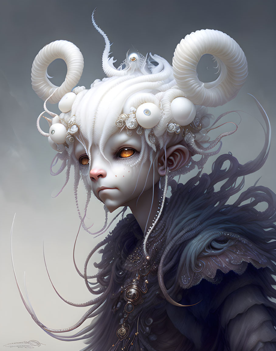 Fantasy creature with ram horns, golden eyes, white skin, pearls, tentacles, and dark