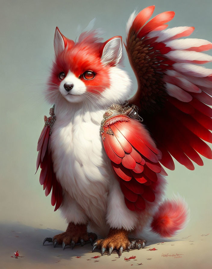 Fluffy white fox with red markings and feathered wings on neutral background