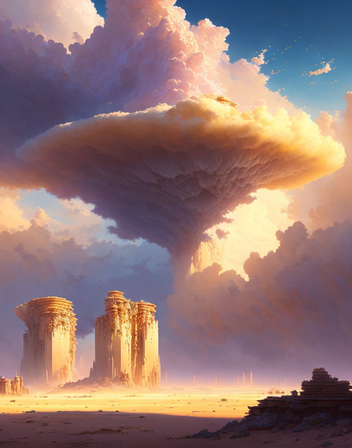 Desert landscape at sunset with unique rock formations under mushroom cloud.