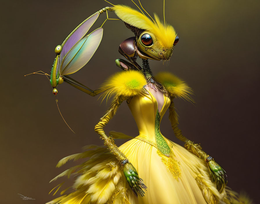 Fantastical insect-like creature in elegant yellow gown with feather details interacting with small green mantis