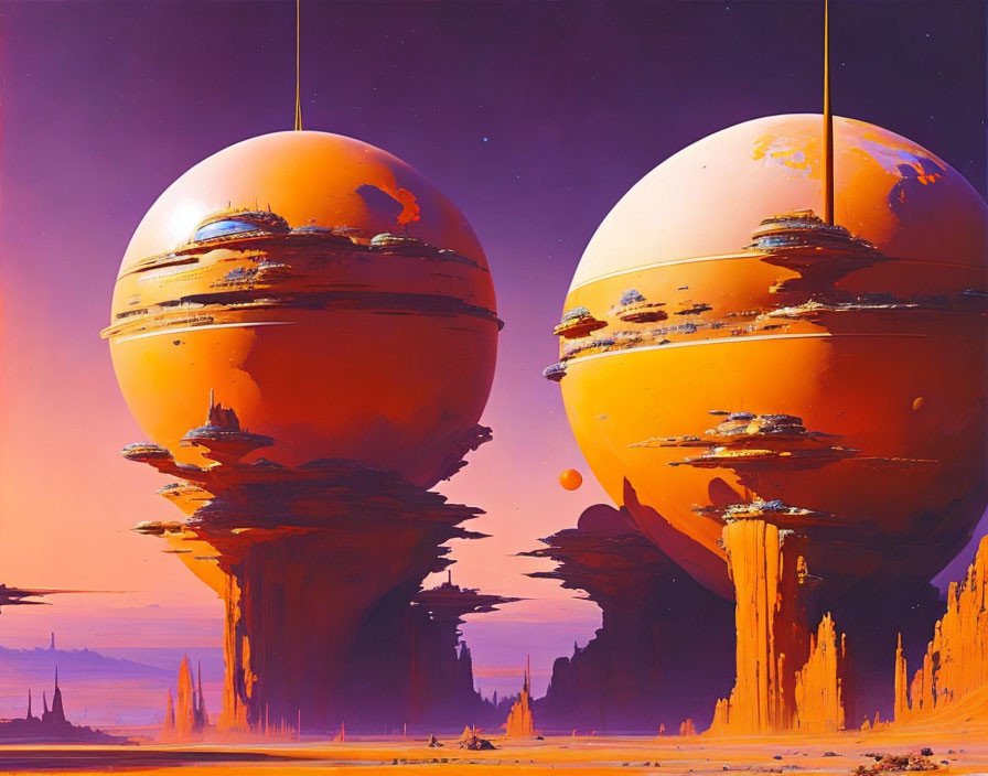 Futuristic sci-fi landscape with floating spheres in purple sky