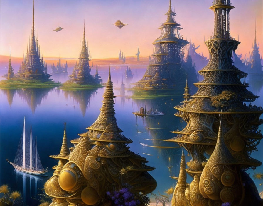 Fantastical landscape with spire-topped towers, sailboats, and floating islands