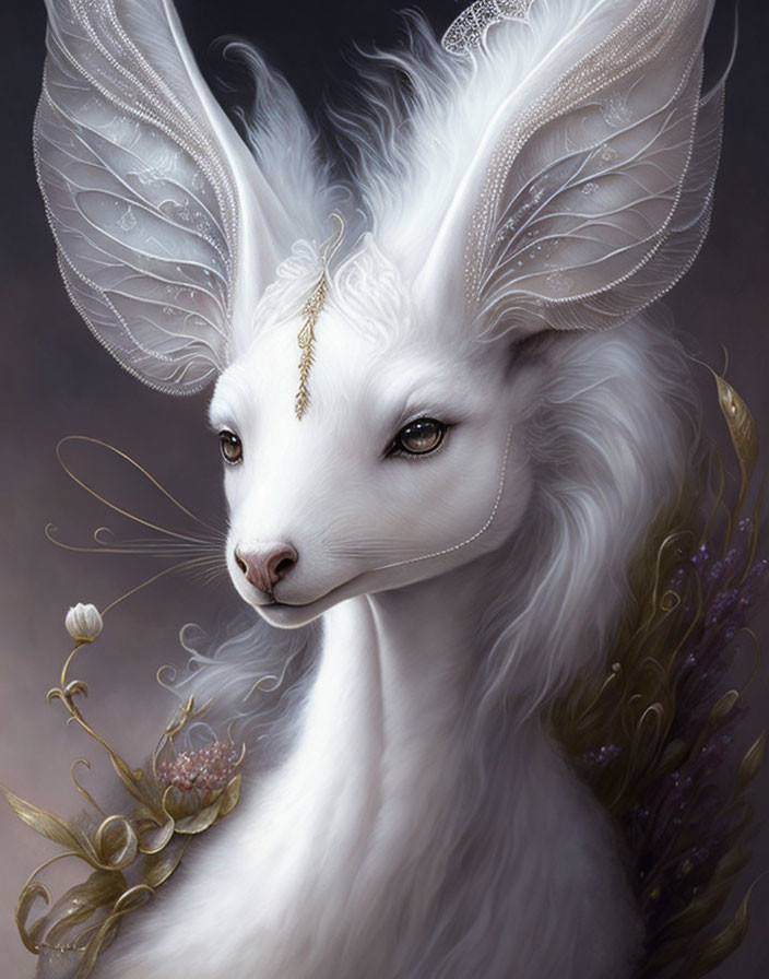 Ethereal white creature with feathered ears and golden adornments