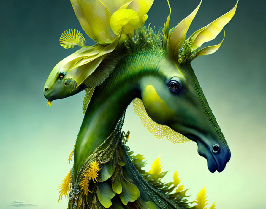 Horse-like head creature with vibrant floral and reptilian elements