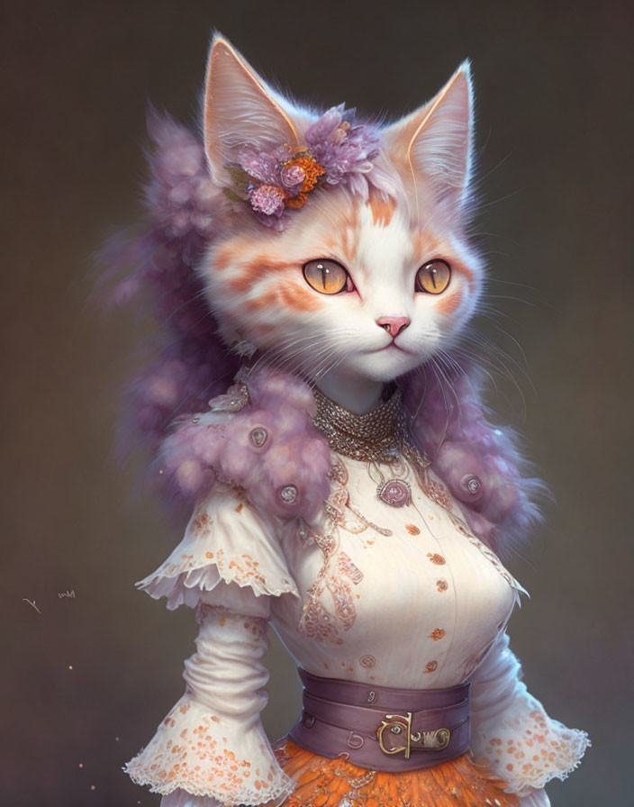 Anthropomorphic cat in Victorian-style dress with purple floral details