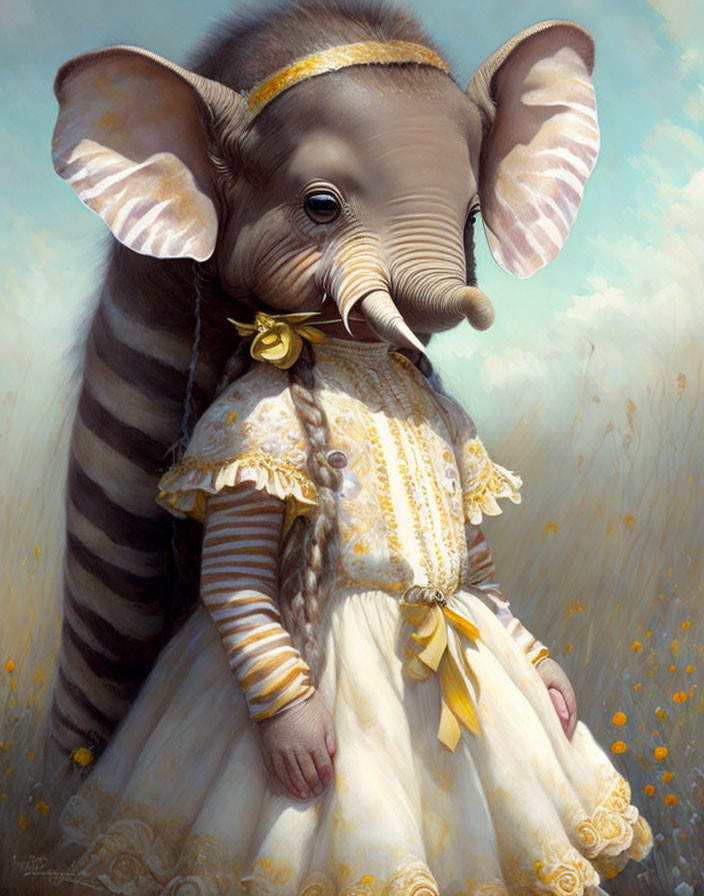 Baby elephant in cream dress among flowers under blue sky