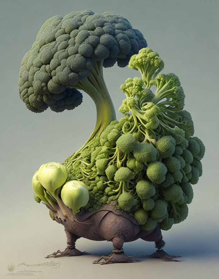 Whimsical tree-shaped broccoli with textured trunk on turtle feet