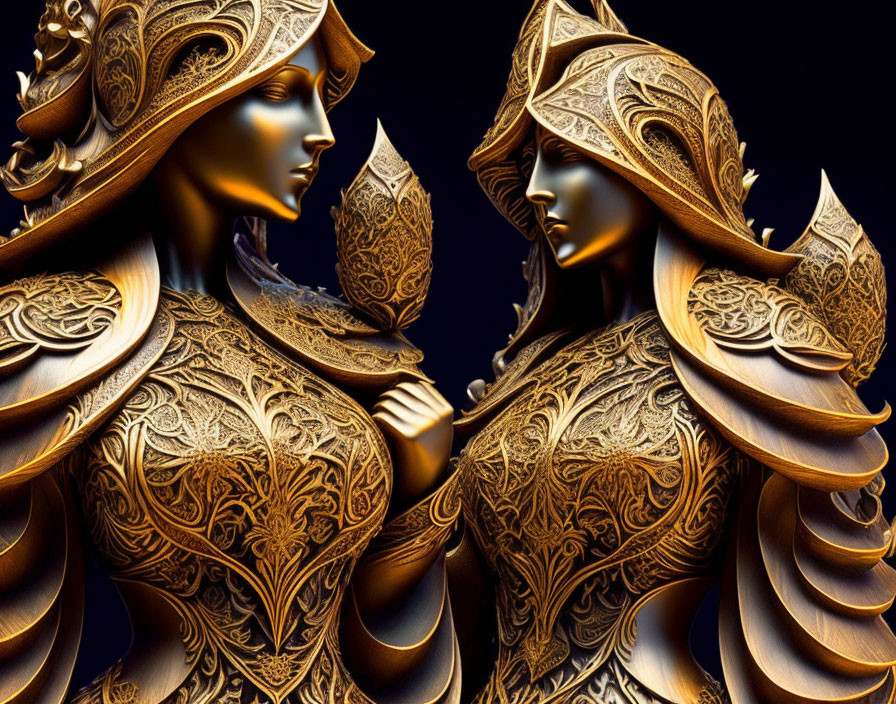 Golden armored figures in intricate detail on dark background