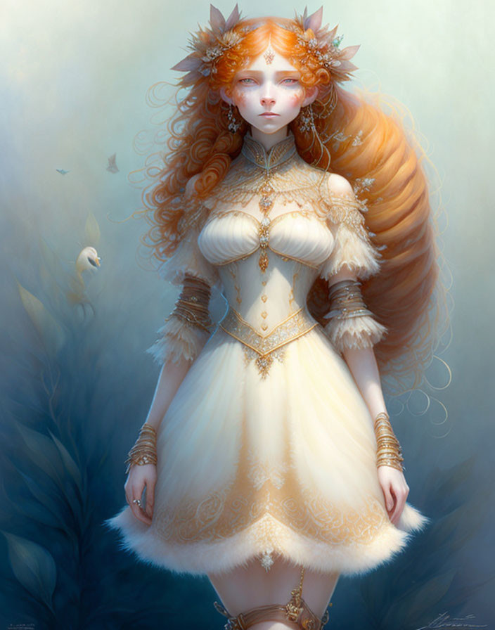 Ethereal figure with red hair in white and gold dress with autumn leaf crown in misty backdrop