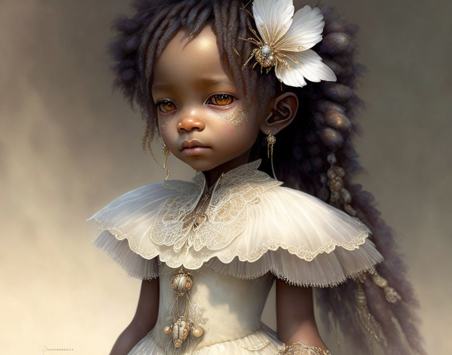 Detailed digital artwork of young girl in intricate white clothing with flowers and gold jewelry