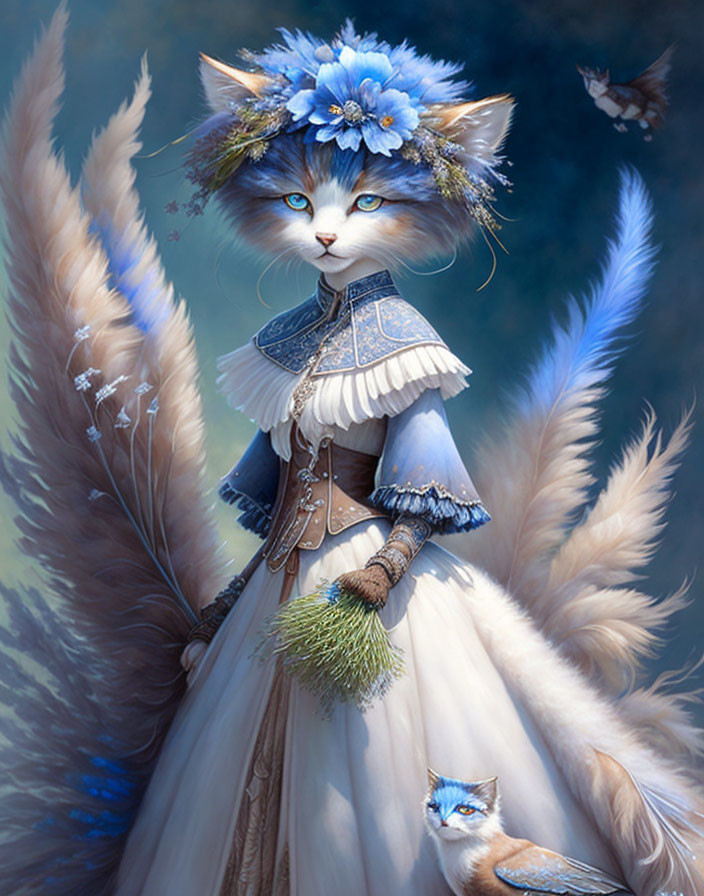 Anthropomorphic cat in vintage gown with flowers and feathers