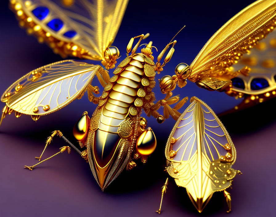 Golden Mechanical Bee with Gemstones on Purple Background