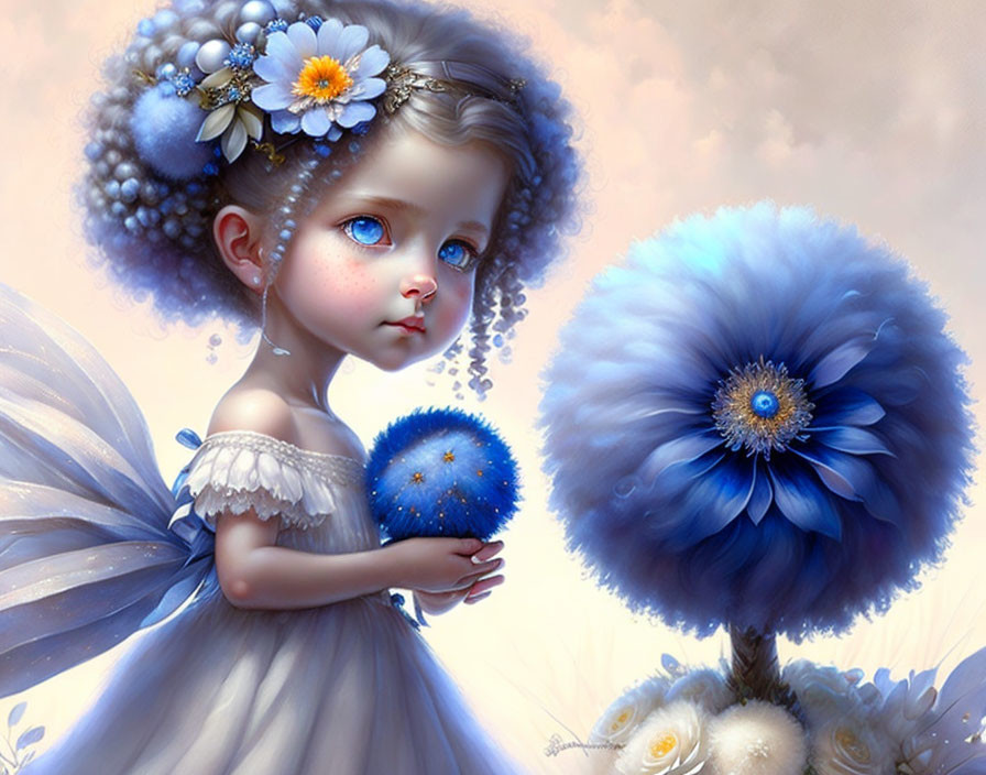 Young girl with large blue flowers in hair in dreamy pastel backdrop