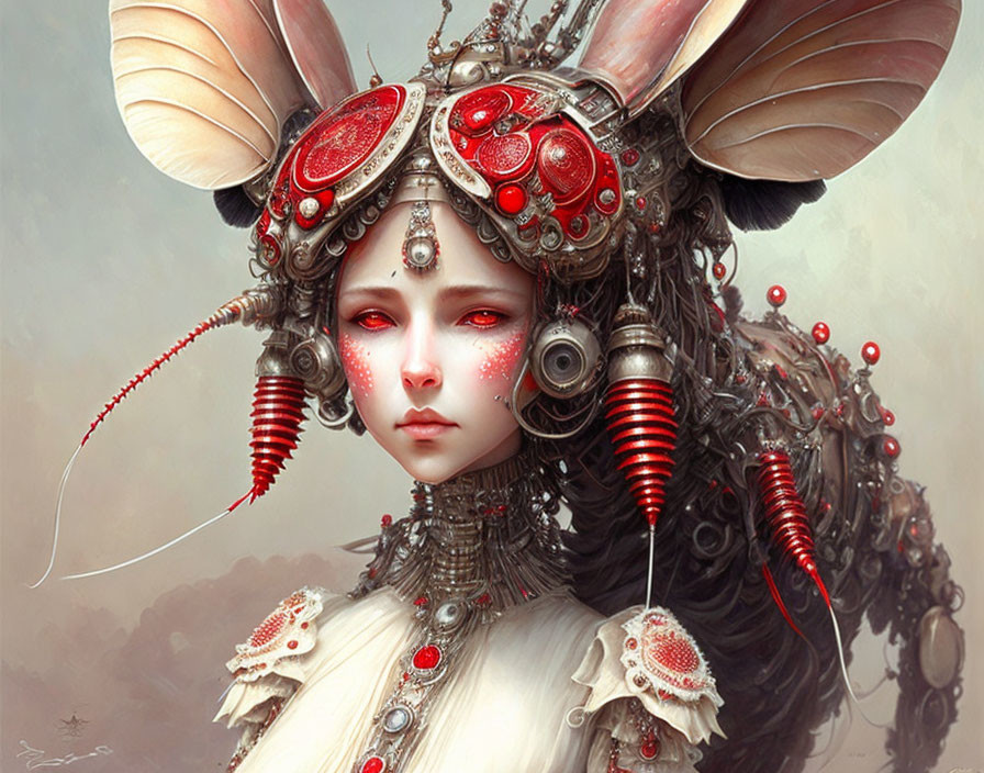 Fantasy-inspired digital artwork of female figure with intricate mechanical headdress.