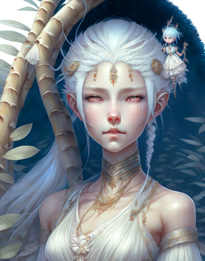 Fantasy illustration of white-haired female with red eyes and gold jewelry