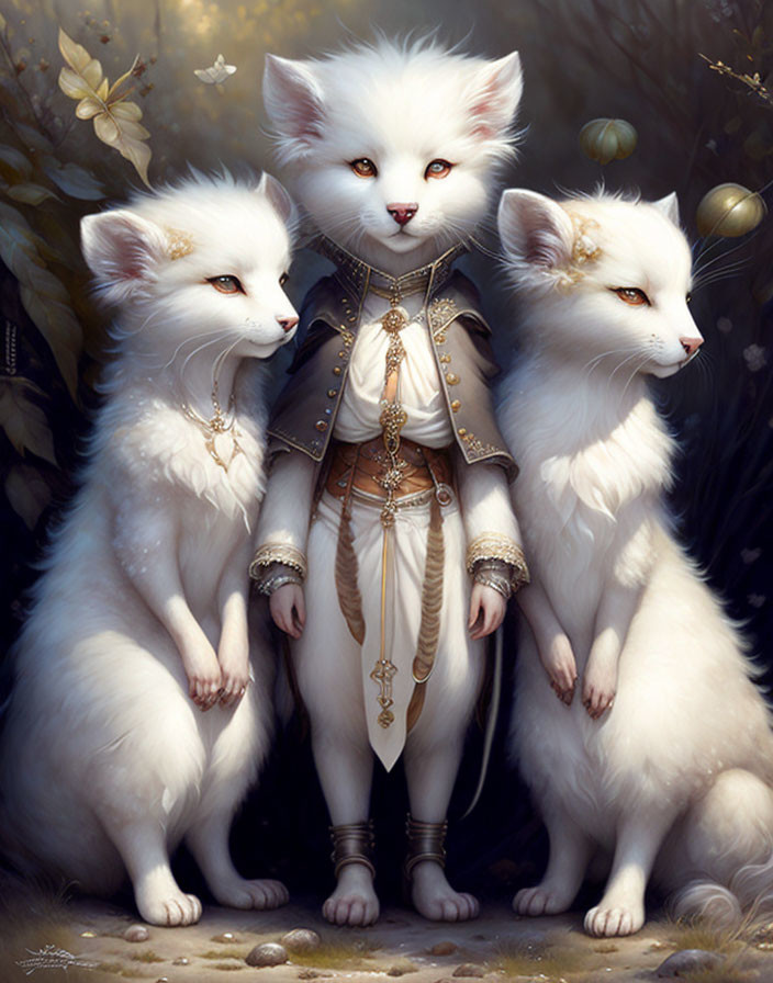 Three white fantasy foxes in regal attire with human-like expressions and golden jewelry.