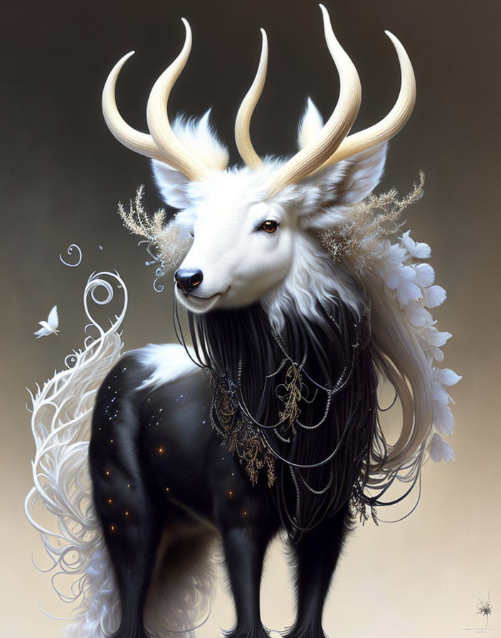 Fantastical white goat with swirling horns and golden adornments.