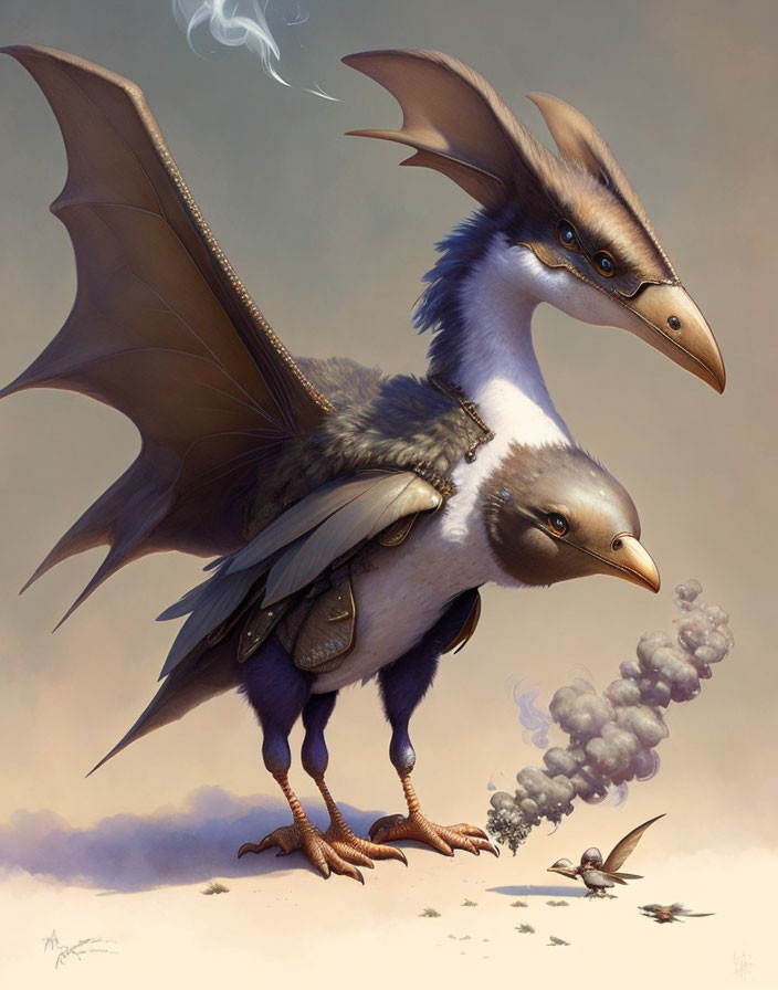 Fantastical two-headed creature with dragon-like wings and eagle heads.