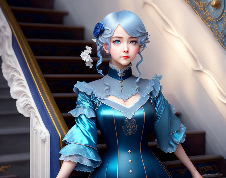 3D illustration of woman in blue Victorian dress by staircase